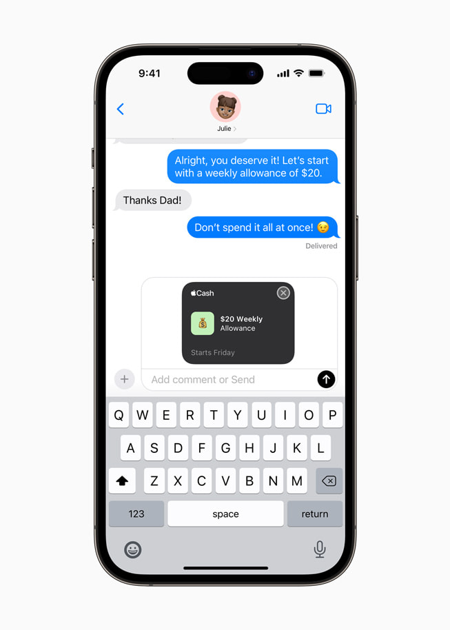 iPhone 14 Pro met daarop een bericht dat Julie op de hoogte stelt van een wekelijkse betaling van 20 dollar in Apple Cash.