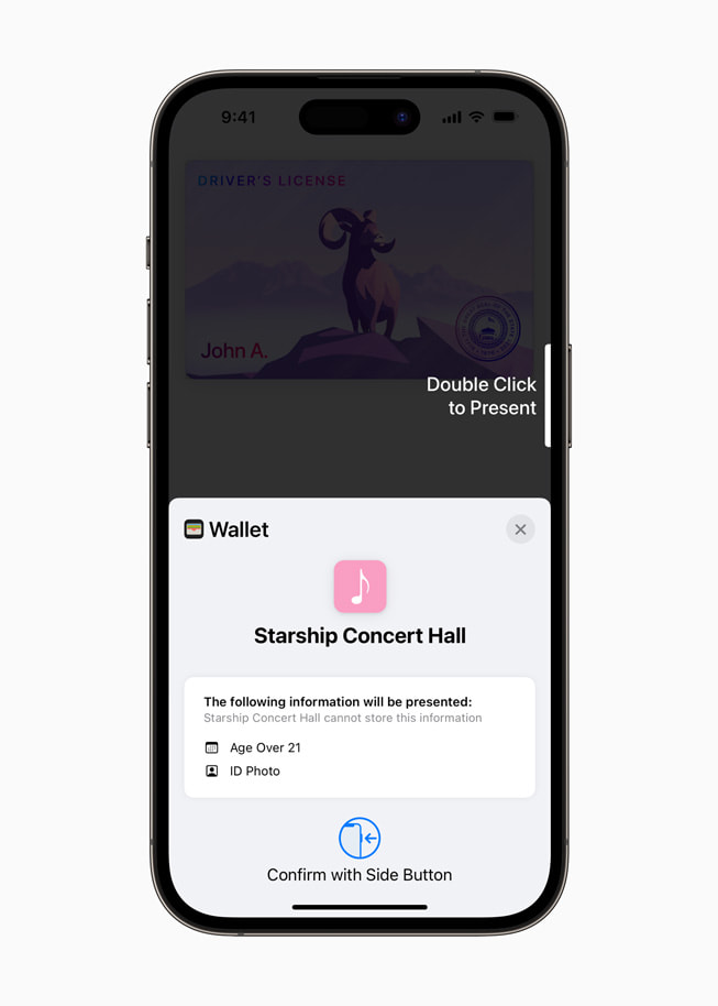 iPhone 14 Pro waarop te zien is welke gegevens met Starship Concert Hall worden gedeeld, namelijk of de leeftijd boven de 21 ligt en de foto.