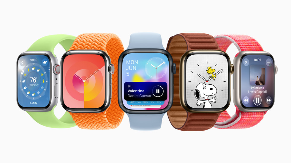 Five Apple Watch devices show features in watchOS 10, including a new Smart Stack and two additional watch faces. 