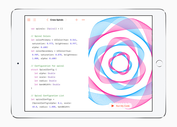 iPad Pro displaying Swift coding example.