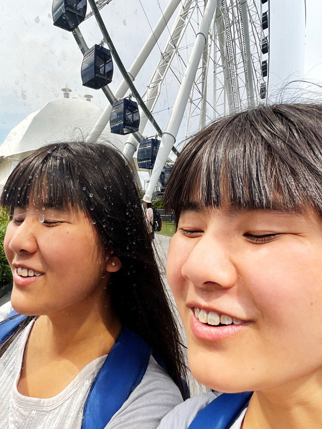 Un autorretrato de Alaula Sprecher tomado frente a una rueda de la fortuna en Navy Pier en Chicago.