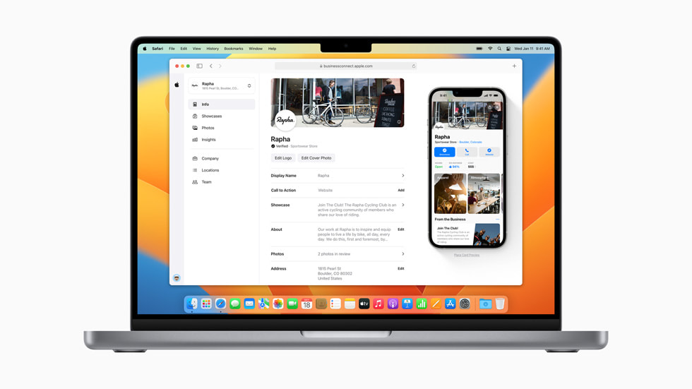 Ekran Apple Business Connect wyświetlany na MacBooku Pro.