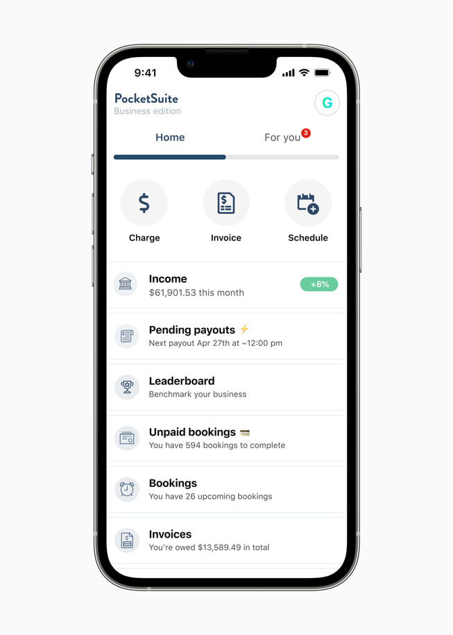 Home tab on the PocketSuite app.