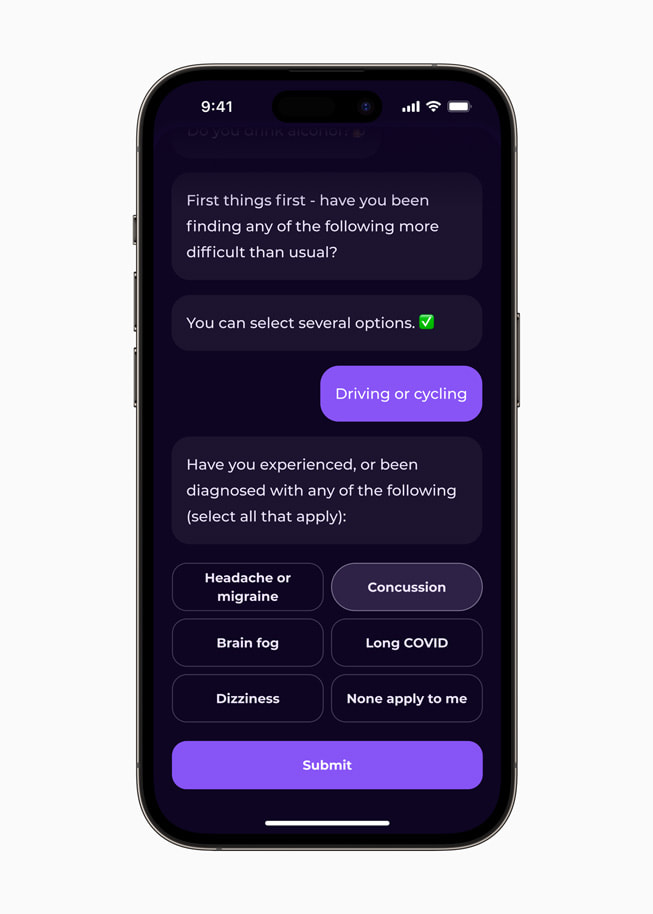 Mindstep Brain & Health app brain care questionnaire displayed on iPhone 14 Pro.