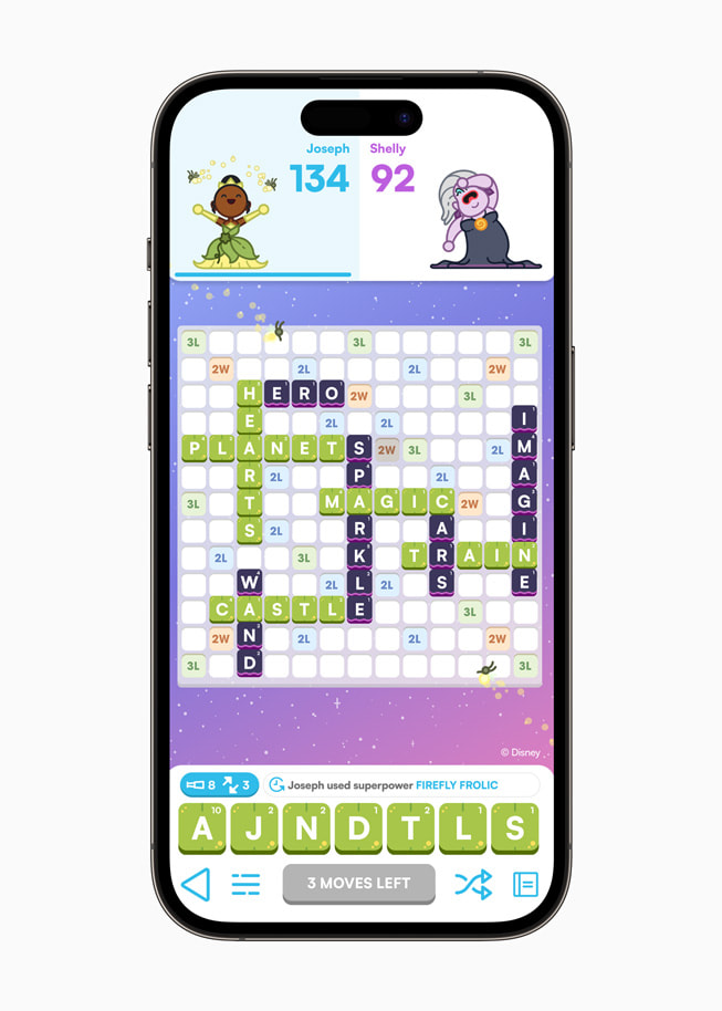 On iPhone 14 Pro, a still from the game Disney SpellStruck shows Buzz Lightyear and Tinker Bell.