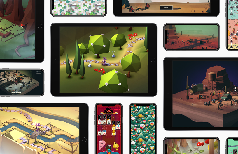 A collage showing the gameplay of Apple Arcade games on Apple devices.