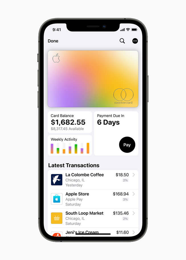 Front view of iPhone 12 Pro showing an Apple Card’s balance and latest transactions.
