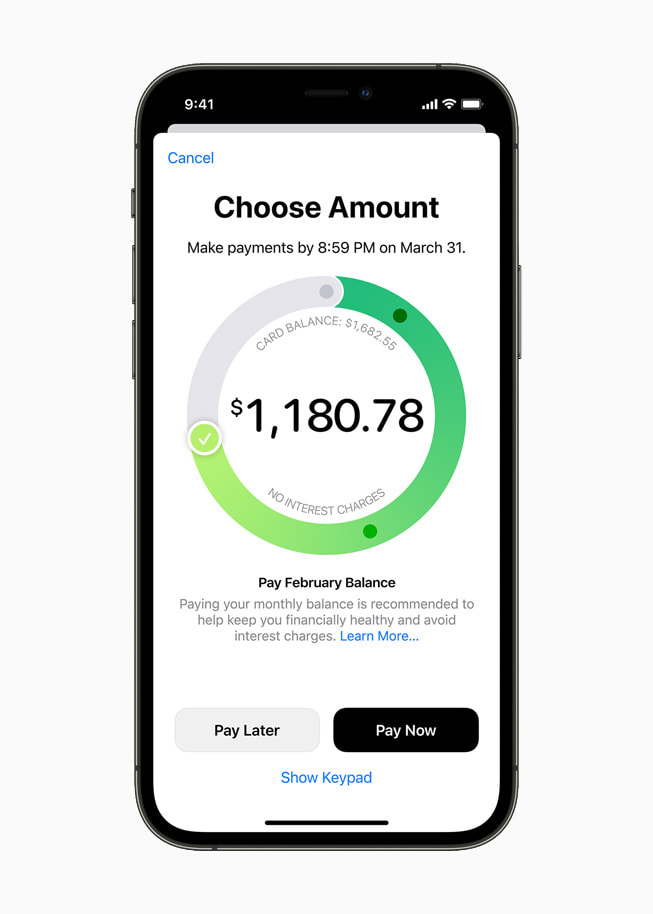 Front view of iPhone 12 Pro paying an Apple Card balance in the Wallet app.