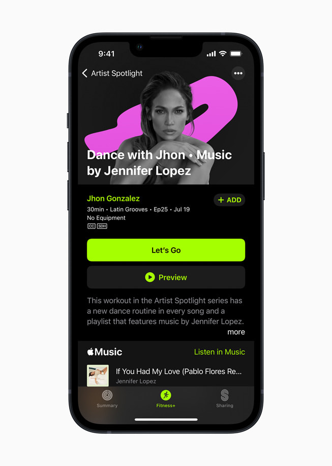 Apple Fitness+ Künstler:innen im Spotlight mit Musik von Alicia Keys auf einem iPhone 13 Pro.
