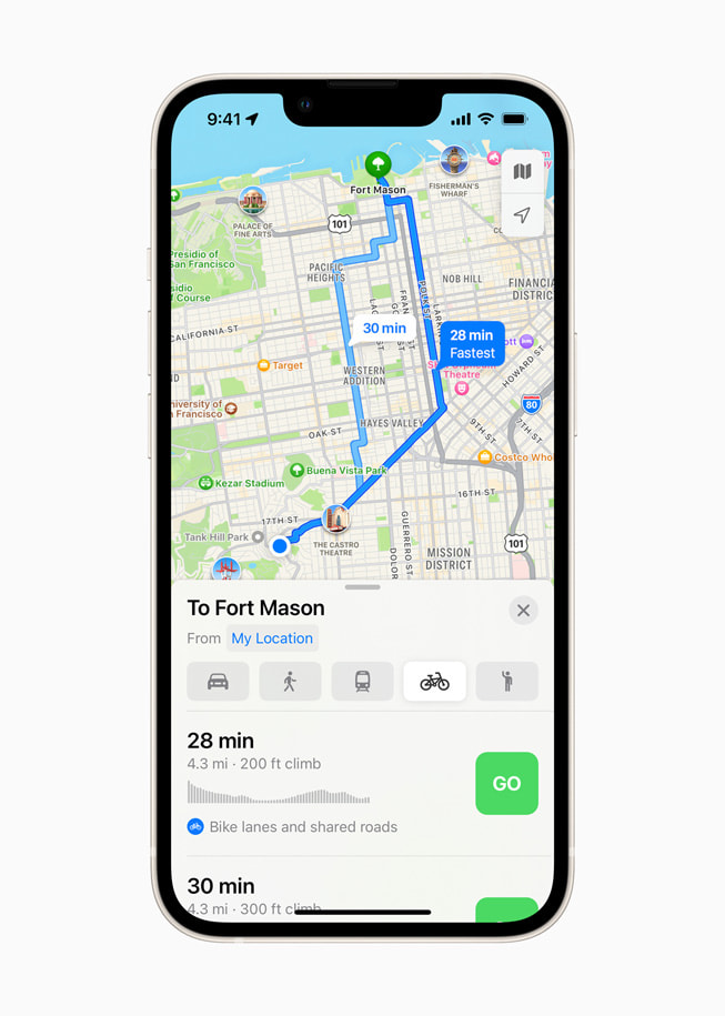 Apple Maps on iPhone shows cycling directions in San Francisco.