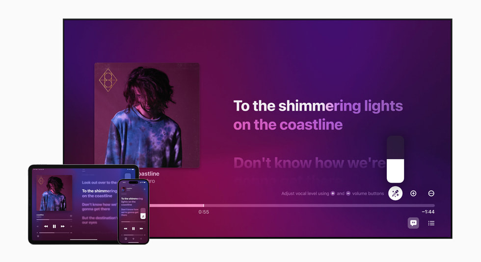 The Apple Music Sing experience on a TV, iPad, and iPhone. 