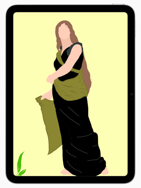 iPadの画面に、学生のAngie Ibarraが描いたデジタル画が表示されています。淡い黄色の背景に、黒いドレスを着たルネサンス風の人物が描かれています。