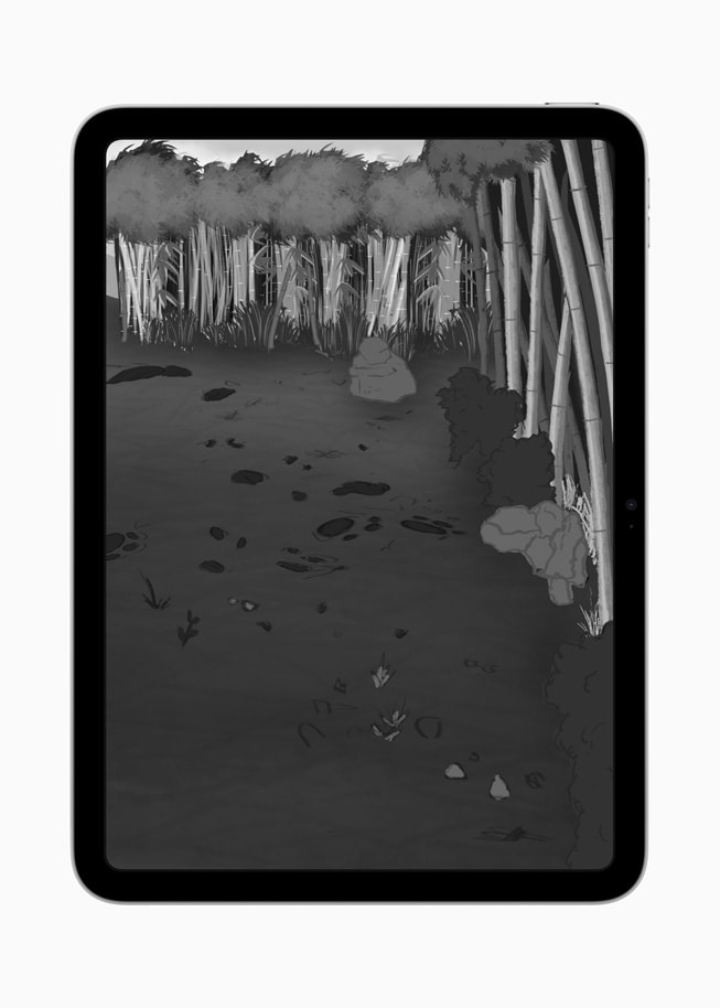 学生のMatthew Radaが描いたデジタル画がiPadの画面に表示されています。モノクロの絵に、草原を囲む高い木立が描かれています。
