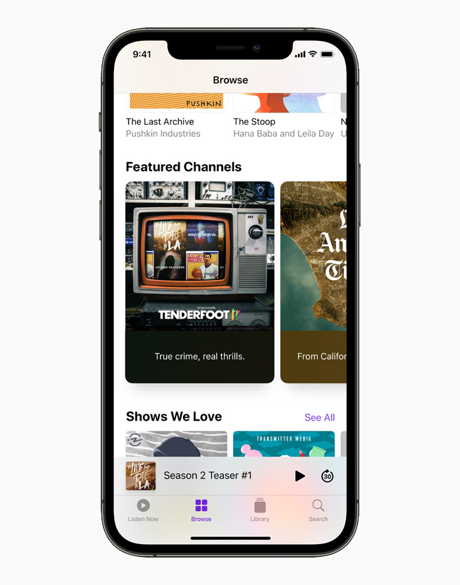 The Featured Channels in the Browse tab in Apple Podcasts displayed on iPhone 12 Pro.