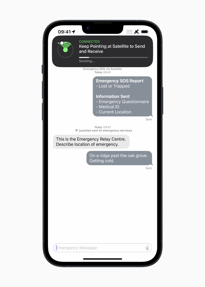 Emergency SOS via satellite sending and receiving messages interface on iPhone 14 Plus.