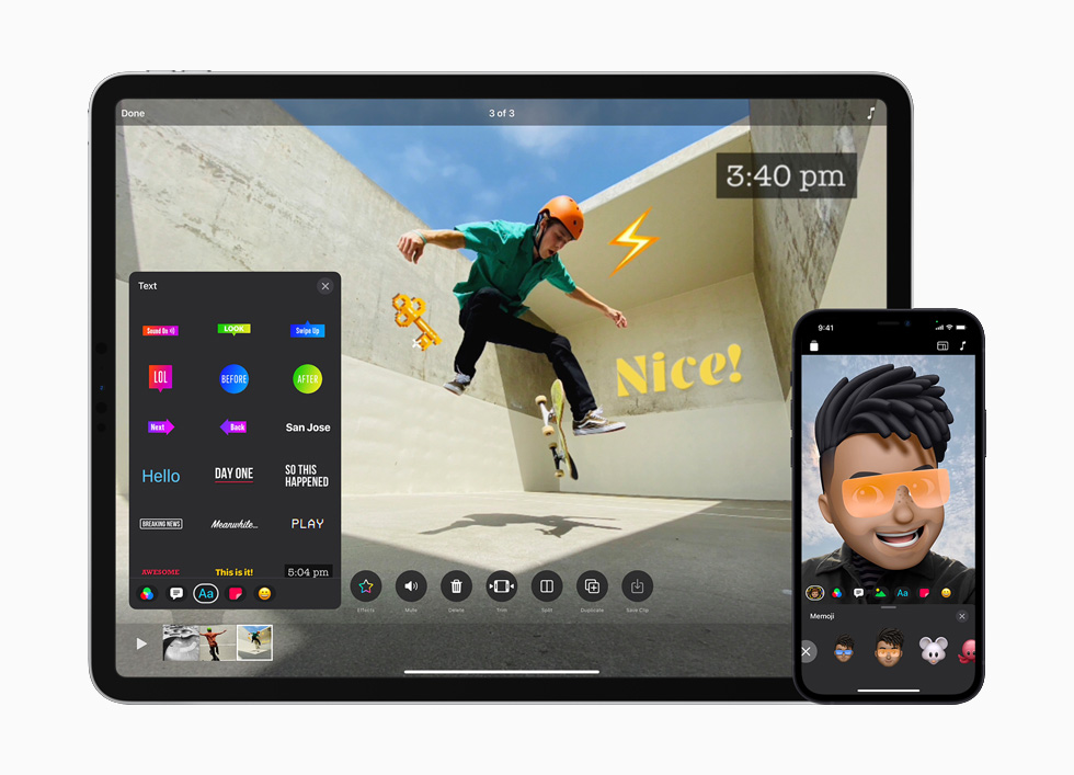 The streamlined interface of Clips, as displayed on iPad Air and iPhone 12.