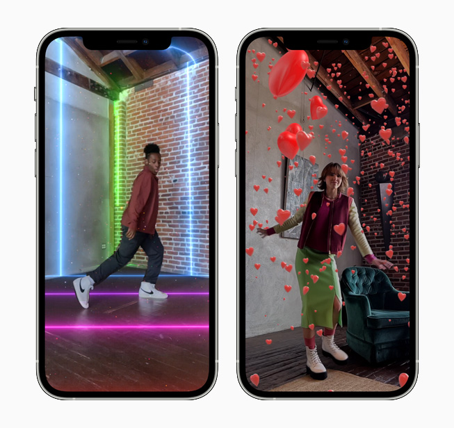 The AR Spaces Prism and Hearts are each displayed on separate iPhone 12 Pro.