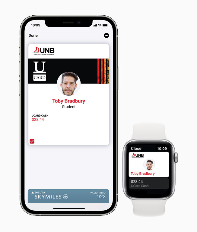 Student ID from University of New Brunswick being used in Wallet on iPhone 12 Pro and Apple Watch Series 6.