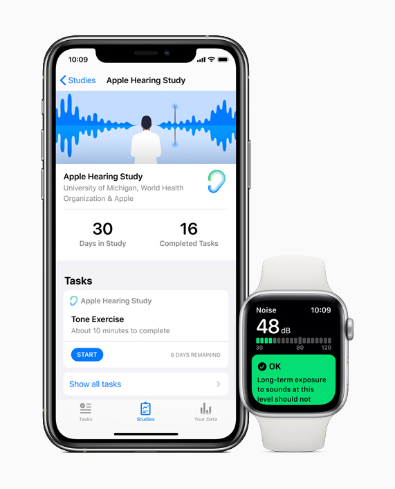 iPhone showing the Apple Hearing Study and Apple Watch showing the Noise app.