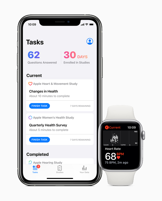 The Apple Hearing Study, the Apple Heart and Movement Study, and the Apple Women’s Health Study on iPhone.