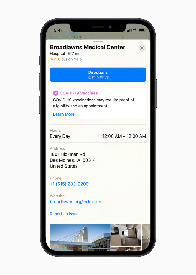 A healthcare provider placecard on Apple Maps, displayed on iPhone 12.