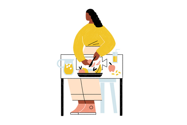 Illustration föreställande en kvinna som sitter och äter.