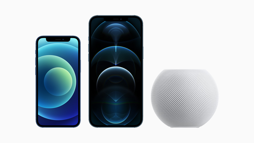 iPhone 12 mini, iPhone 12 Pro Max, and HomePod mini.