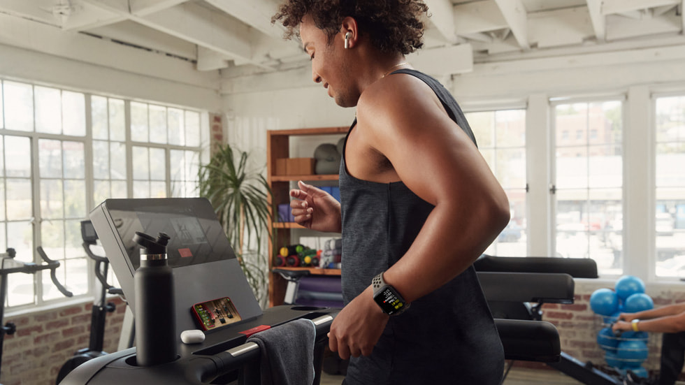 A person does a workout indoors.