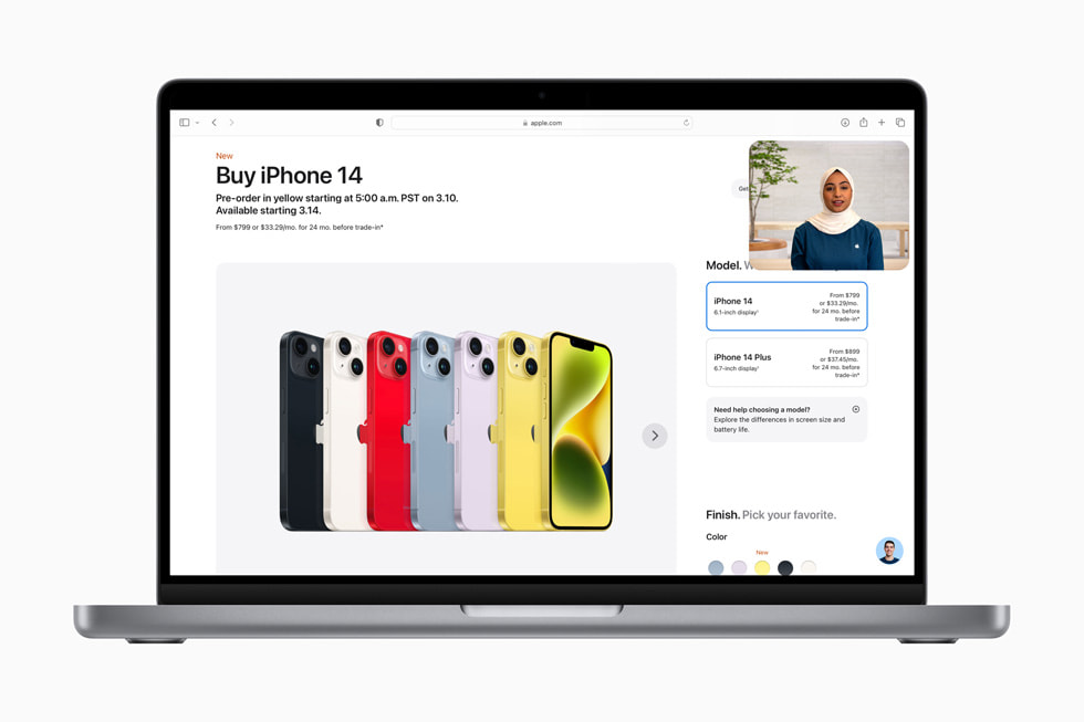 The Shop with a Specialist over Video experience is shown over an [apple.com] (https://applews.rehcb.com) page reading “Compare iPhone models” and showing iPhone 14 Pro Max, iPhone 14 Plus, and iPhone 14.