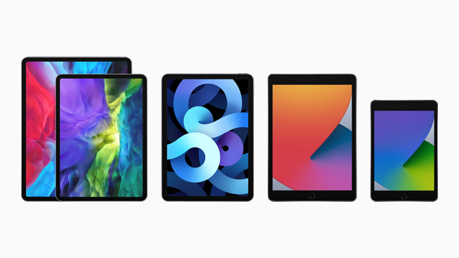 Die iPad-Familie mit iPad Pro, dem iPad der achten Generation, iPad mini und iPad Air.