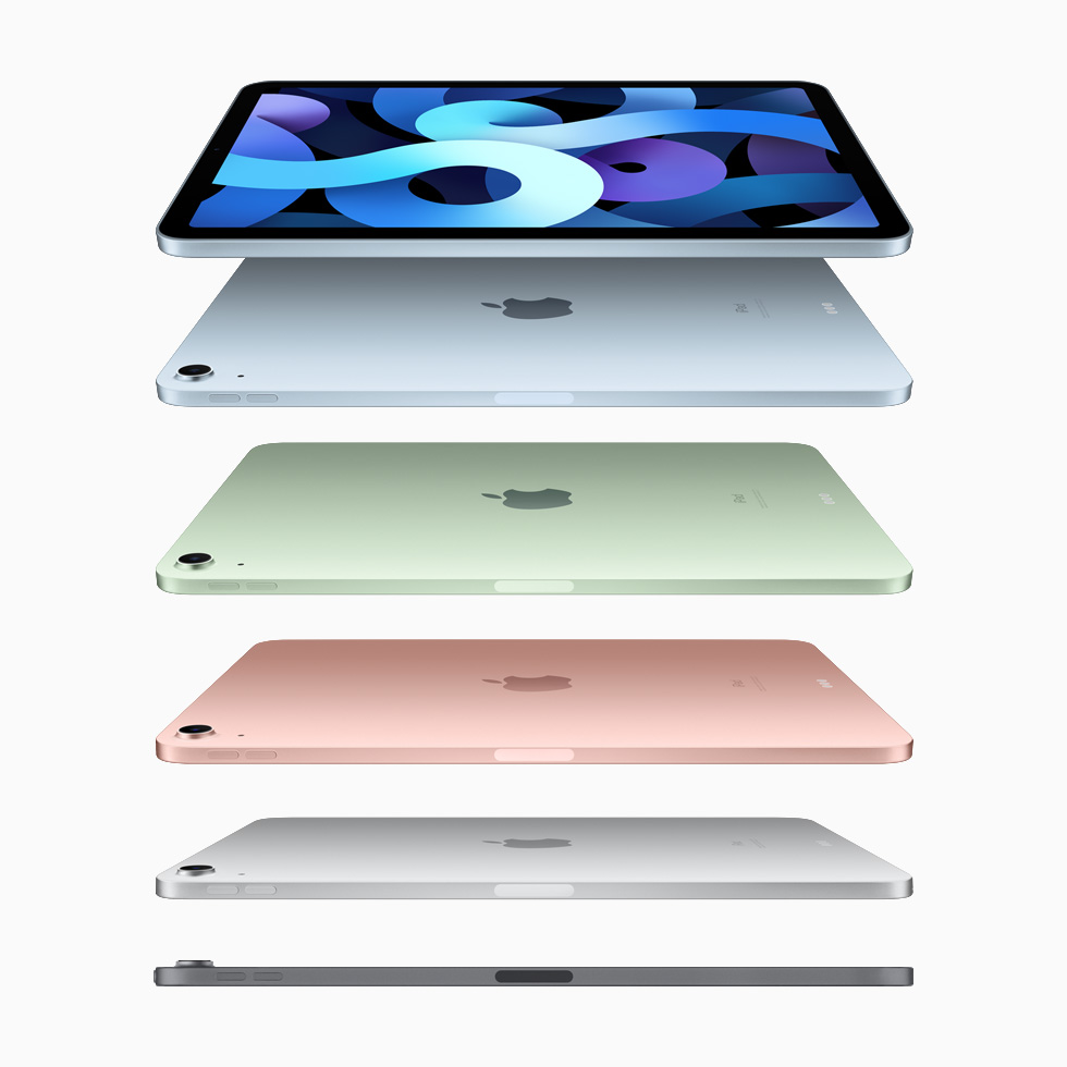 Das iPad Air in Sky Blau, Grün, Roségold, Silber und Space Grau.