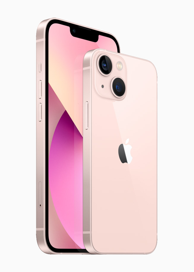 Parte anteriore e posteriore di iPhone 13 e iPhone 13 mini in rosa.