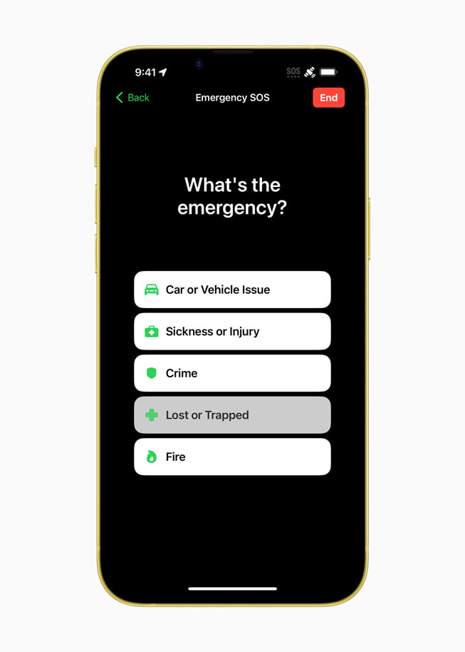 Emergency SOS via satellite asks the user “What’s the emergency?”