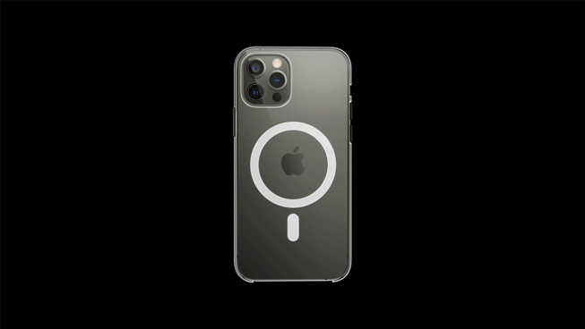 A GIF demonstrating the easy and secure attachment of the MagSafe charger to iPhone 12 Pro.