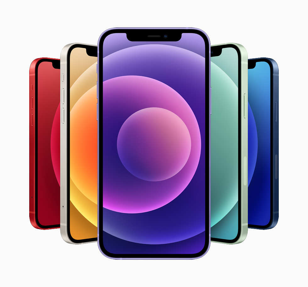 The iPhone 12 and iPhone 12 mini in blue, green, white, (PRODUCT)RED, and purple.