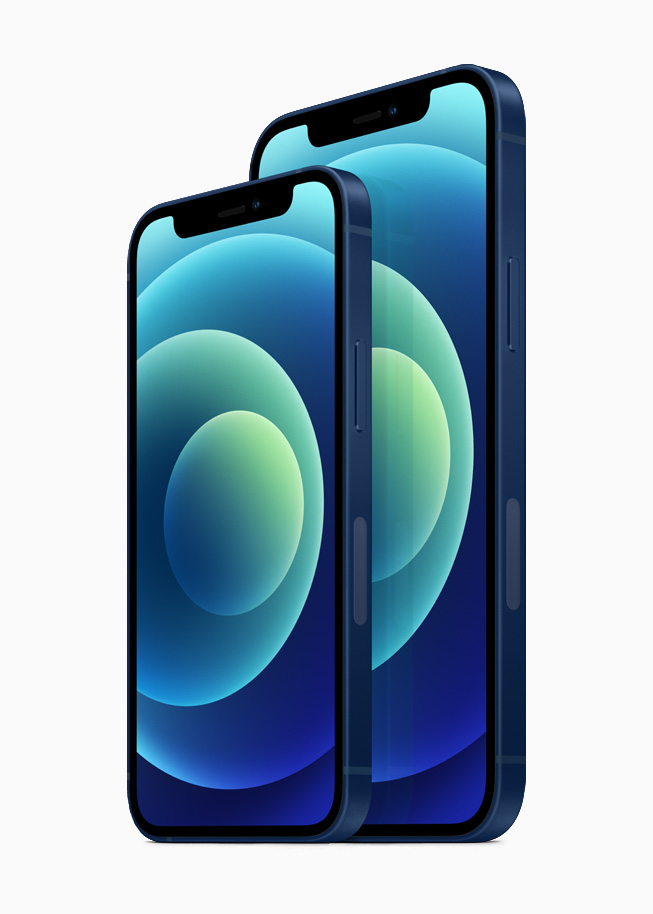iPhone 12 and iPhone 12 mini in the blue aluminum finish.