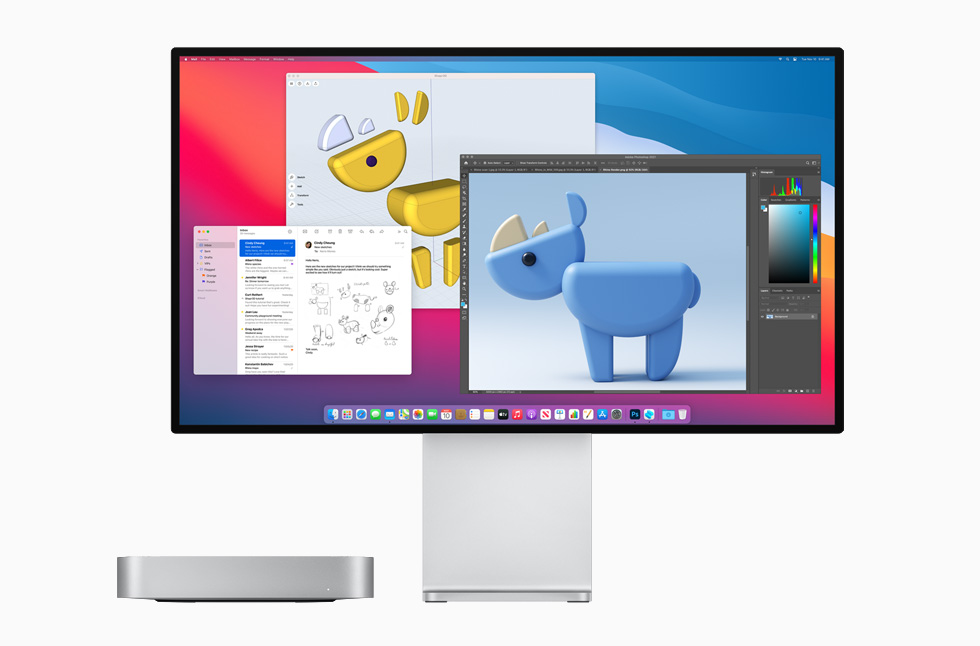 Mac mini in silver with the Pro Display XDR. 