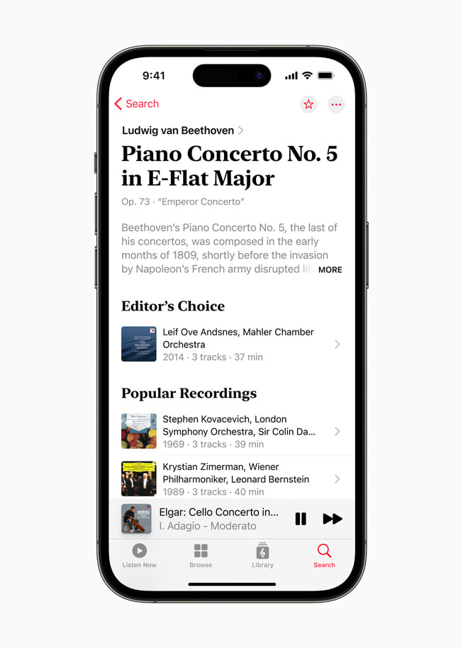 Search results for Ludwig van Beethoven’s Piano Concerto No. 5 in E-Flat Major are shown.
