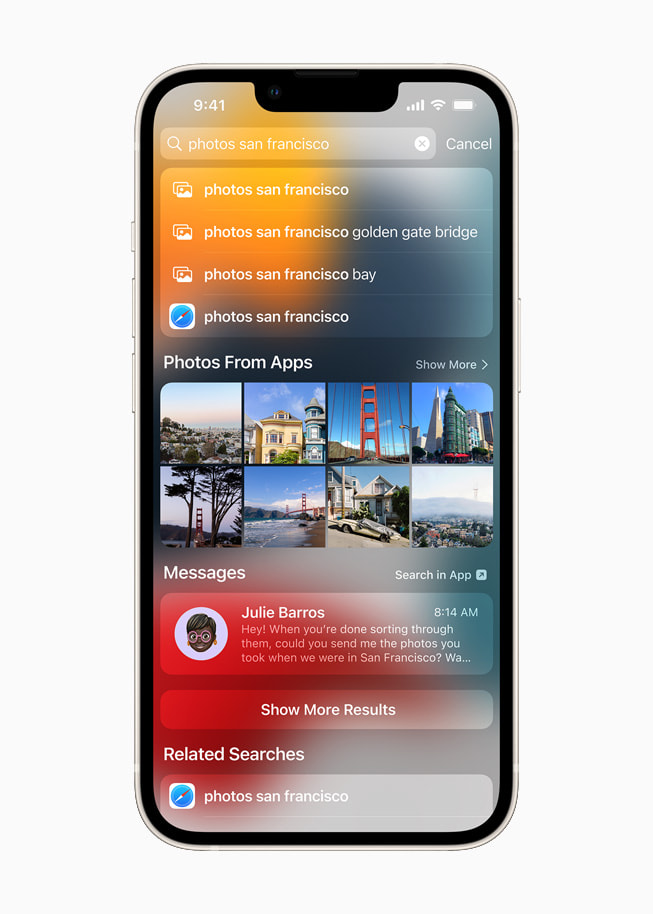iOS 15’s Spotlight searching photos by location on a starlight iPhone 13.