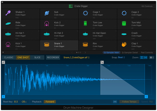 The Drum Machine Designer tool in Logic Pro X.