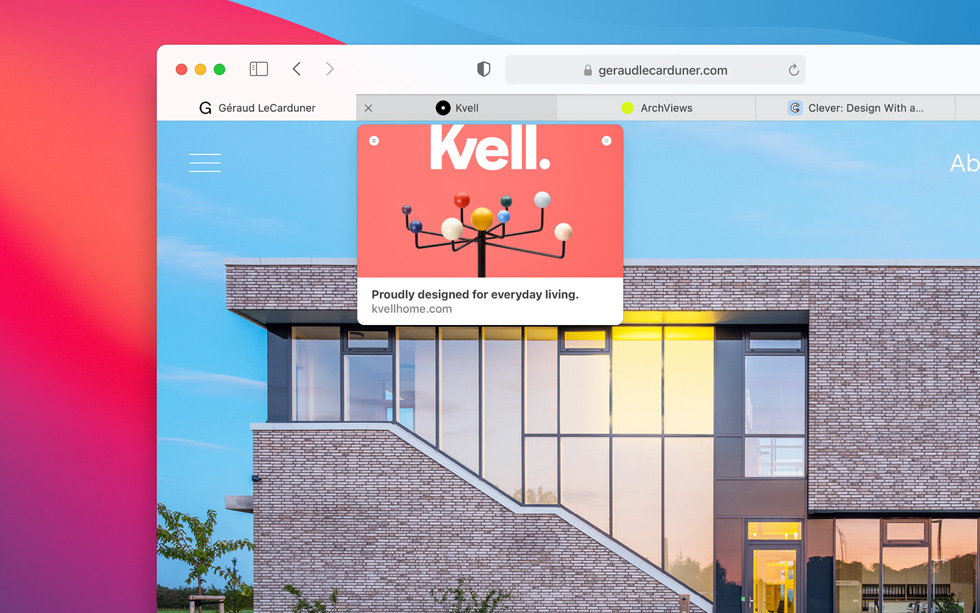 A page preview hovers over a tab in Safari.