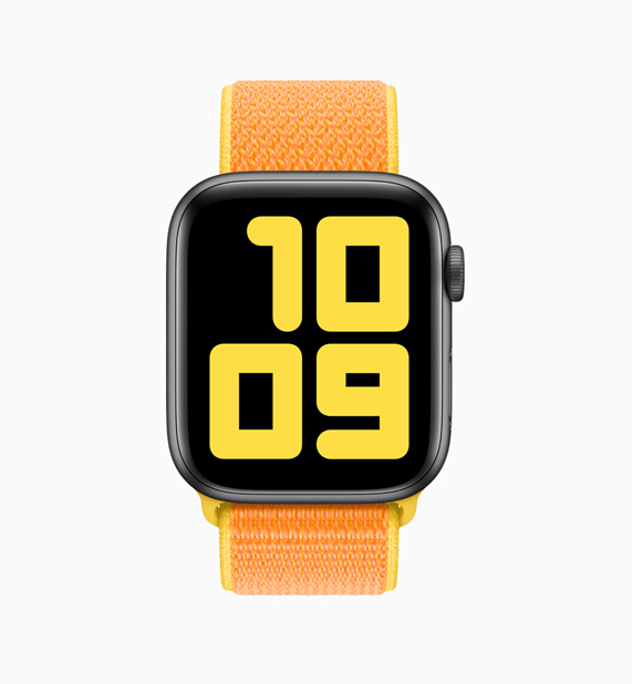 Apple Watch with orange and yellow loop.