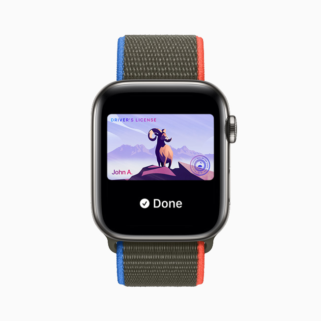 A driver’s license stored in the Wallet app, displayed on Apple Watch Series 6.