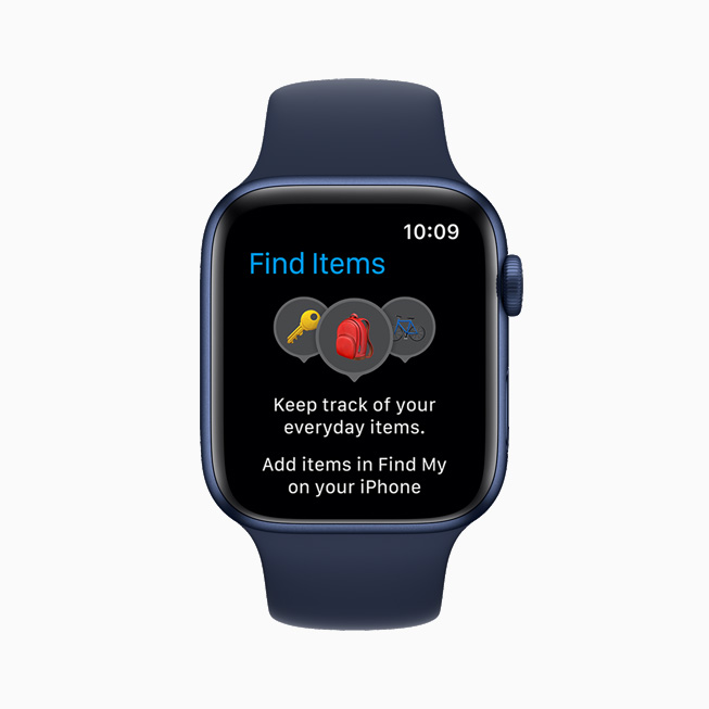 The new Find Items app is displayed on Apple Watch Series 6.