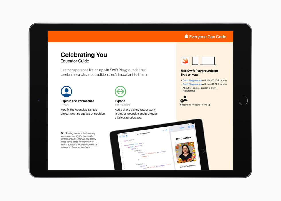 O guia Celebrating You Educator do Swift Playgrounds é exibido no iPad.