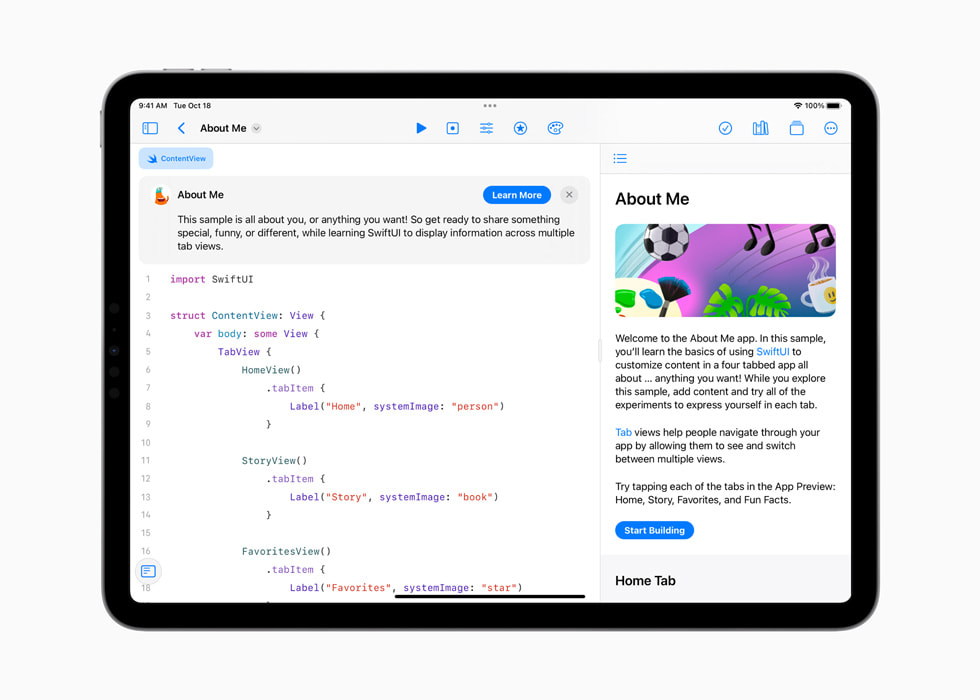 Um iPad mostra o app SwiftUI About Me.