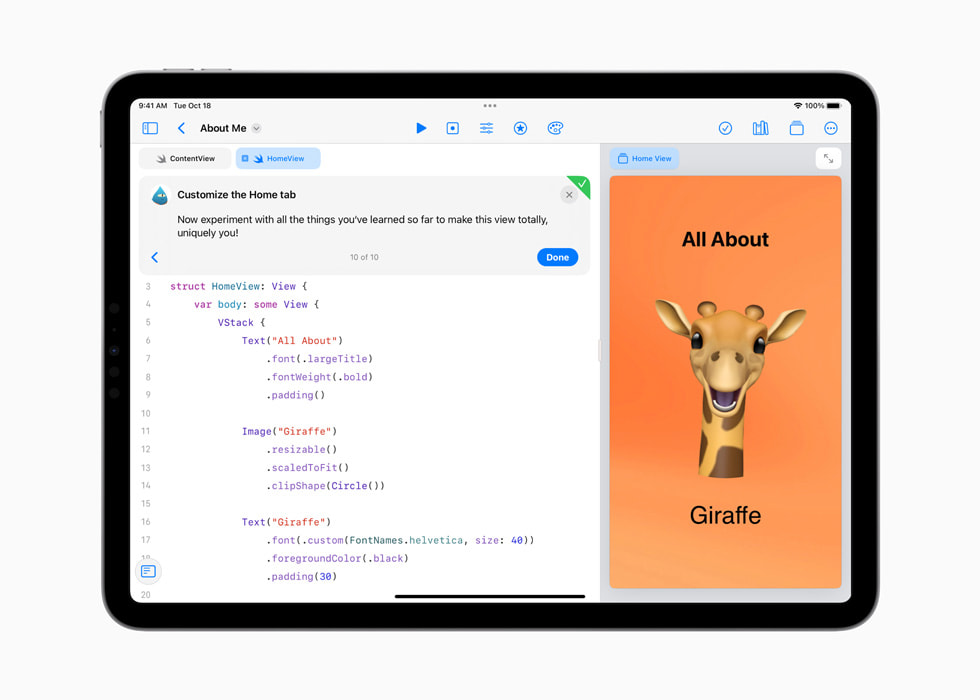 Um iPad mostra o app SwiftUI About Me.