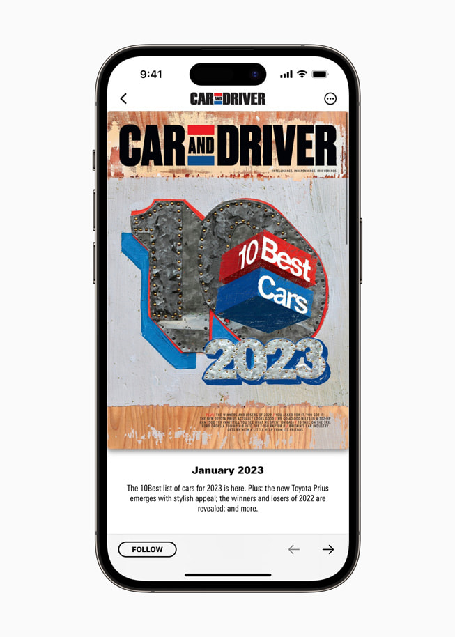 Car and Driver on Apple News+ is shown on iPhone 14 Pro.