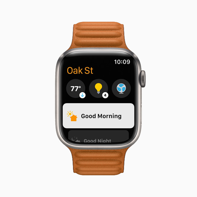 The Home app is shown in watchOS 8 on Apple Watch Series 7.
