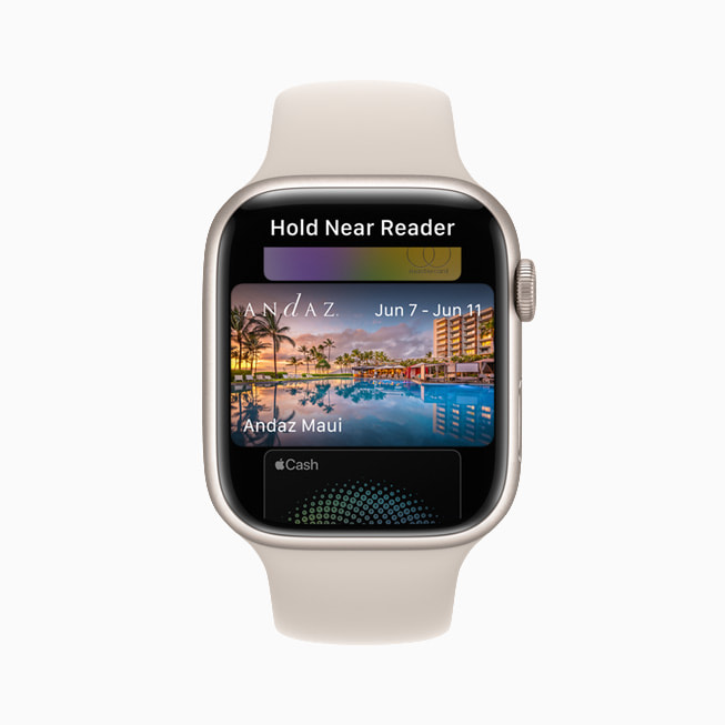 A user’s hotel key is shown in Wallet on Apple Watch Series 7.